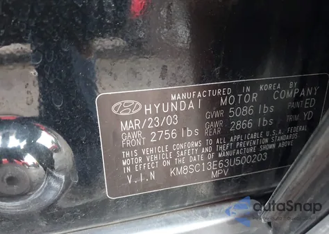 2003 Hyundai Santa Fe Gls/Lx из США, поврежденный, VIN KM8SC13E63U500203